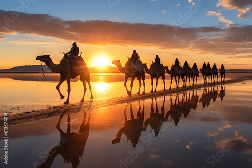 silhuette of Drover leads a caravan of camels on the salt lake at sunrise ai generated art