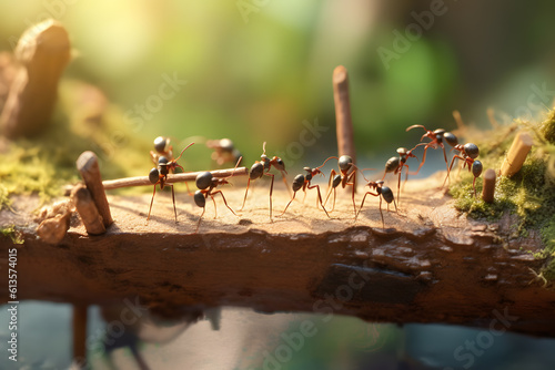 Team of ants work constructing bridge, teamwork ai generated art