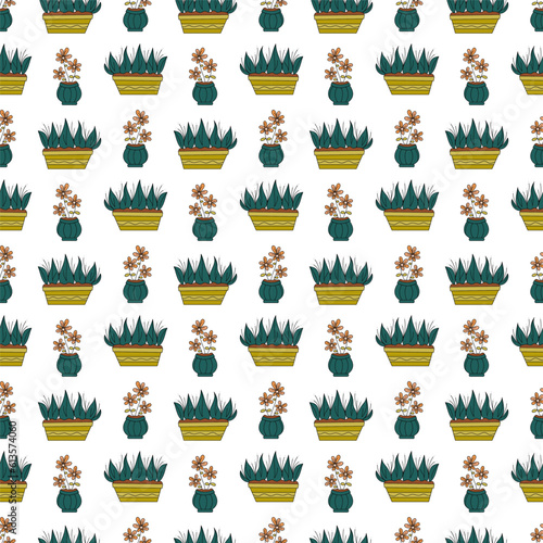 Seamless pattern with two pots for flowers. Doodle color vector illustration.