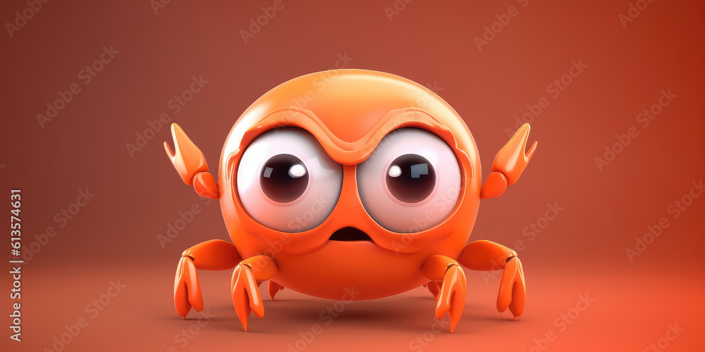 Cute angry red crab cartoon 3d character. Pretty crab mascot with big eyes isolated on flat red background with copy space. Cartoon animal illustration. 3d render Generative AI art.