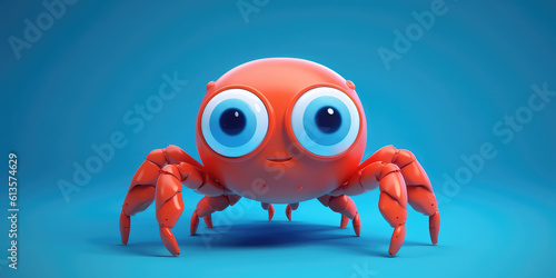 Cute red crab cartoon 3d character. Happy crab mascot with big eyes isolated on flat blue background with copy space. Cartoon animal illustration. 3d render Generative AI art. photo