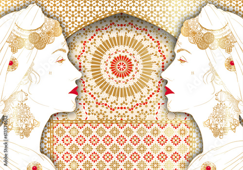Arabic woman face mosaic vector illustration. White, Gold and Red colors