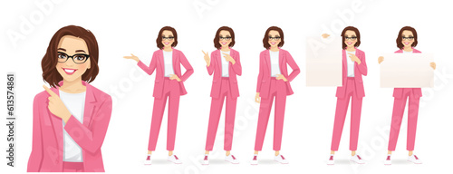 Casual beautiful business woman in different poses set. Various gestures pointing, showing, standing, holding empty blank board isolated vector illustration