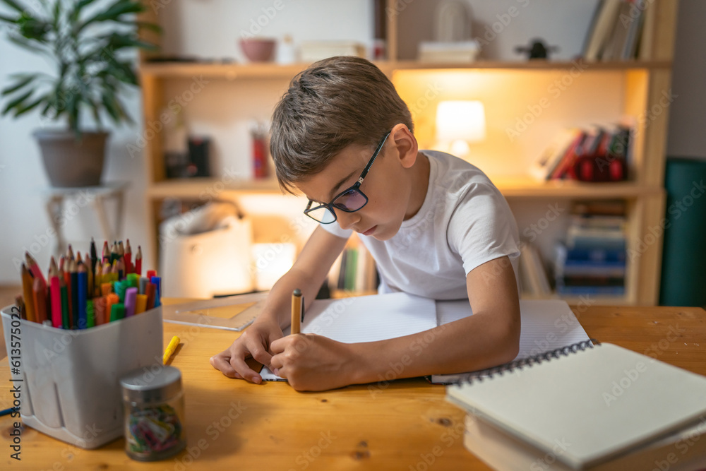 young boy child kid pupil study work on homework assignment at home young boy child kid pupil study work on homework assignment at home