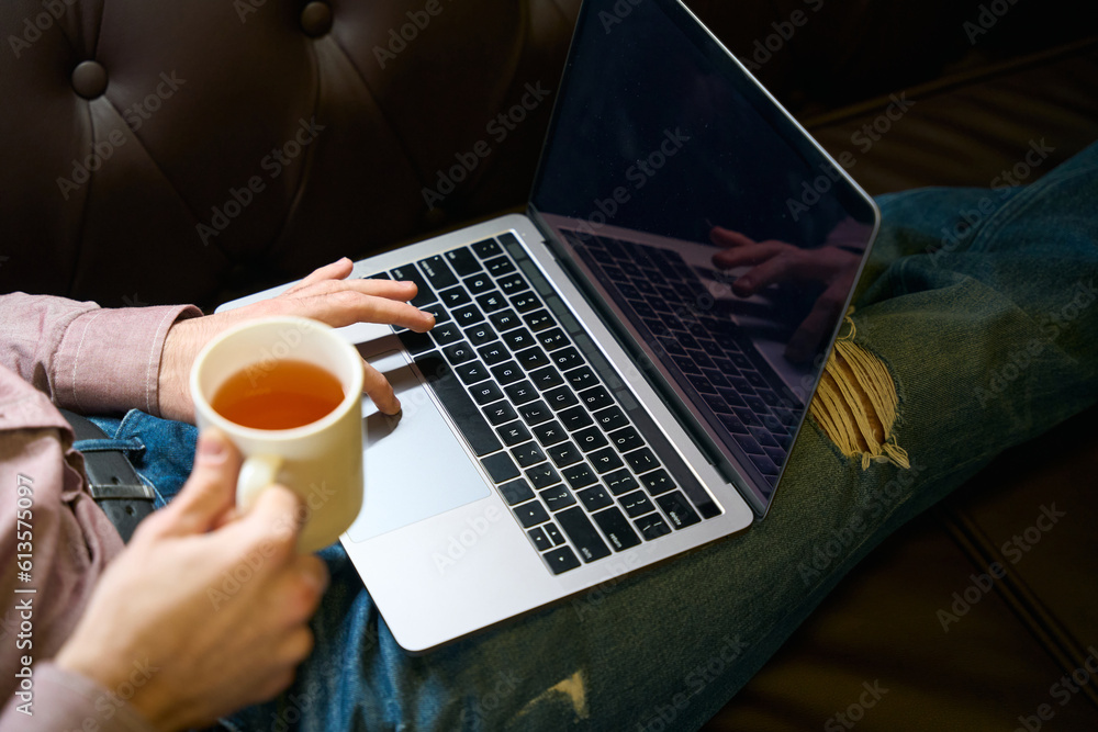 Male using portable computer during tea break Male using portable computer during tea break