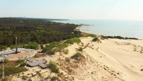 Aerial birds eye view Curonian Spit panorama. Summer holidays baltics. Baltic sea coast and fir tree forests. Nida, Neringa, Lithuania. White sand Dunes. The Curonian Lagoon photo
