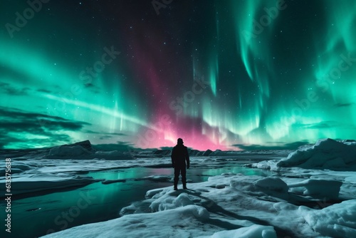a man stands on the ice and looks at the polar lights created with Generative AI technology