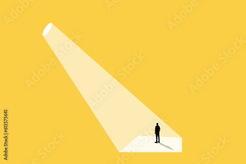 Business recruitment or hiring vector concept. Looking for talent. Business man standing in spotlight or searchlight looking for new career opportunities. Eps10 vector illustration