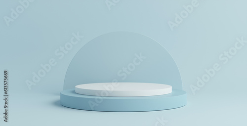 Bilde på lerret Product Podium - Two White & Blue Stacked Podiums, Blue Background