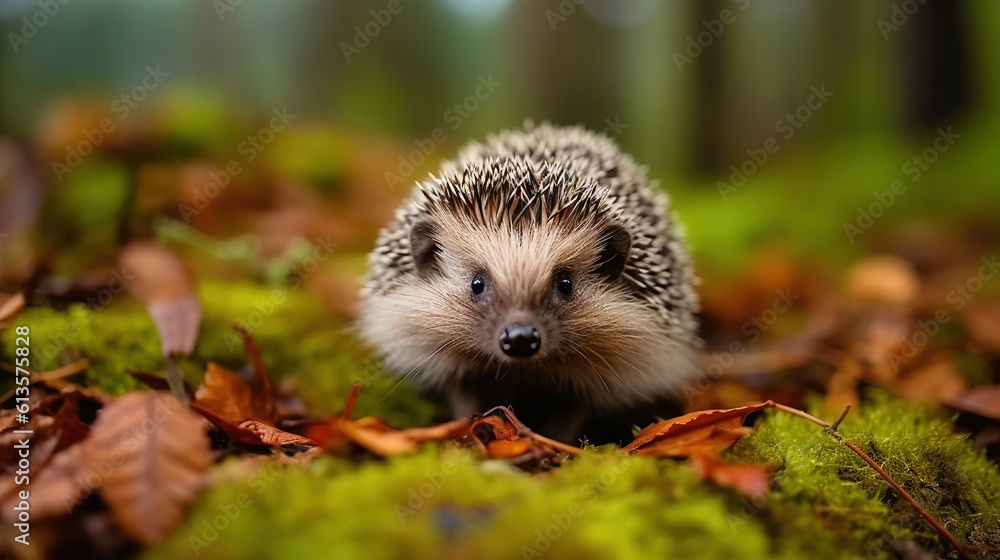Fototapeta premium European Hedgehog, on a green moss in the forest, Cute funny animal with snipes. Hedgehog in dark wood, autumn image. Generative AI