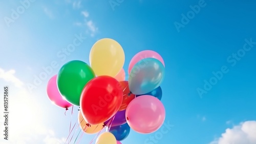 a background of a blue sky with colorful balloons.Generative AI.