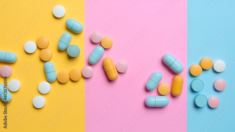 Flat lay of various pills on a colored background.Generative AI.