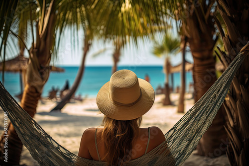 beach, sea, summer, woman, ocean, sand, vacation, tropical, water, travel, holiday, sun, sky, relax, nature, hat, paradise
