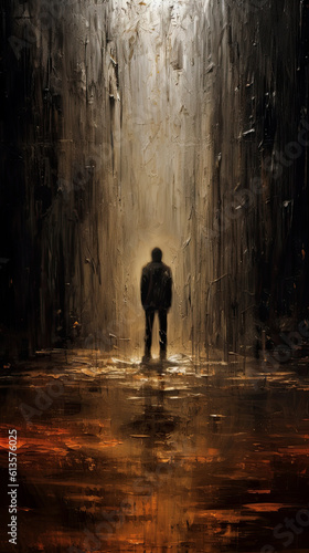 Lost in the rain  digital illustration. Concept of depression and despair and of being totally alone in a dark place.
