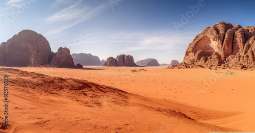 The Breathtaking Panorama of a Red Sand Desert Embracing Mountainous Rocks. Generative AI