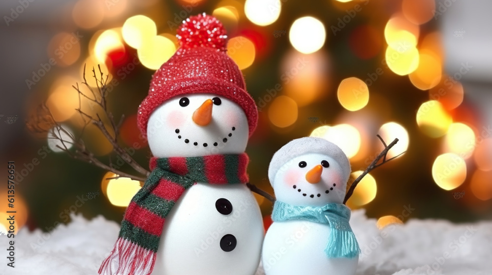 Festive snowman with Christmas light background, Generative AI