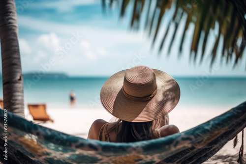 A beautiful woman wearing a large sunhat relaxing on a beach looking at the ocean. Generative ai © Sattawat