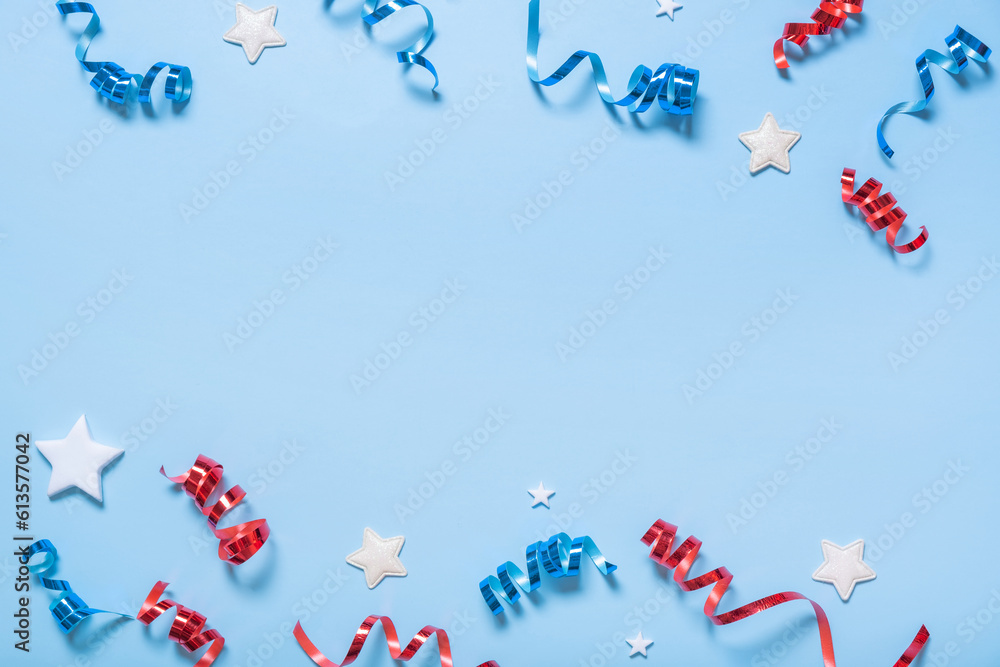 USA Independence day concept. Red and blue spirals and white stars elements of USA flag top view, flat lay USA Independence day concept. Red and blue spirals and white stars elements of USA flag top view, flat lay