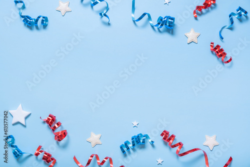USA Independence day concept. Red and blue spirals and white stars elements of USA flag top view, flat lay