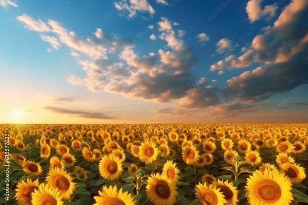 Obraz premium field of blooming sunflowers against blue sky, AI Generative