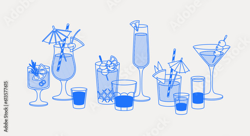 Composition of cocktails. Line art, retro. Vector illustration for bars, cafes, and restaurants.