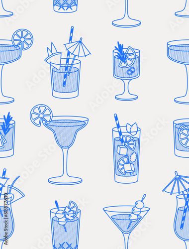 Seamless pattern of cocktails. Line art, retro. Vector illustration for bars, cafes, and restaurants.