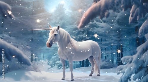 a unicorn with a sparkling  star-studded horn  decorates the Christmas tree or the snow on Christmas  Generative AI