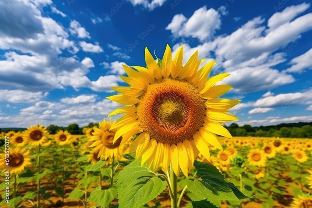 Obraz premium field of blooming sunflowers against blue sky, AI Generative