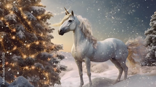 a unicorn with a sparkling, star-studded horn, decorates the Christmas tree or the snow on Christmas, Generative AI