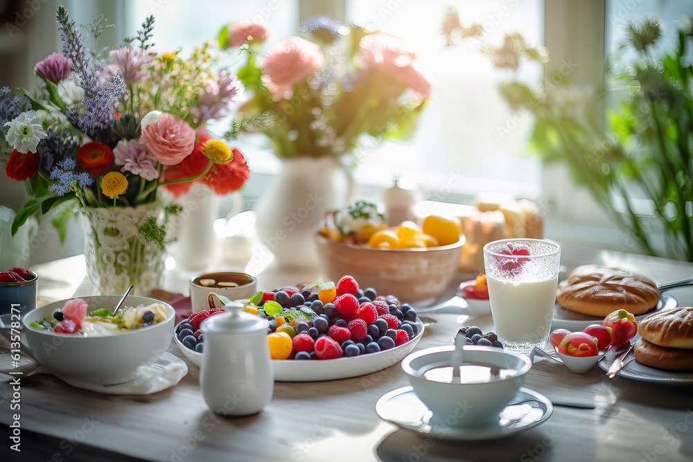 Breakfast table, brimming with fresh fruit, berries, warm bread, and flowers, bathed in the soft glow of bright daylight
