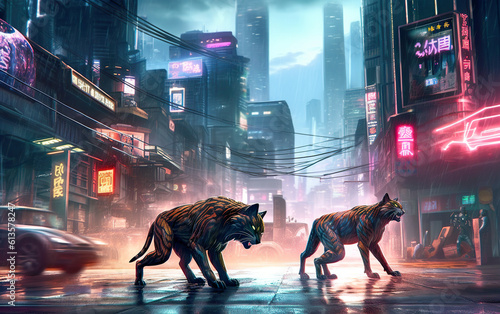 Mutant animals roam and dominate the cyberpunk neon city. They fight for daily food on the streets of the neon city. Generative AI.