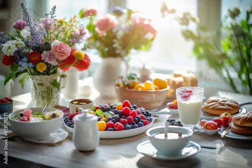 Breakfast table, brimming with fresh fruit, berries, warm bread, and flowers, bathed in the soft glow of bright daylight