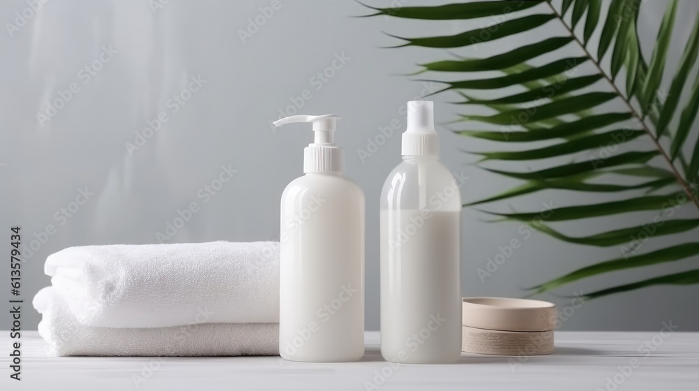 White cosmetic bottles with spa element and towel with palm leaf on white background. Generative AI White cosmetic bottles with spa element and towel with palm leaf on white background. Generative AI