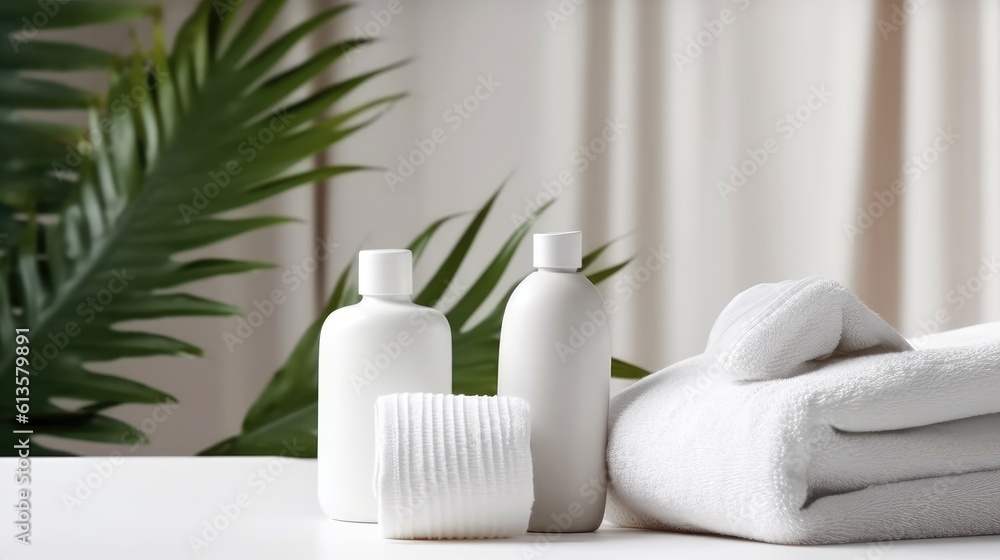 White cosmetic bottles with spa element and towel with palm leaf on white background. Generative AI White cosmetic bottles with spa element and towel with palm leaf on white background. Generative AI
