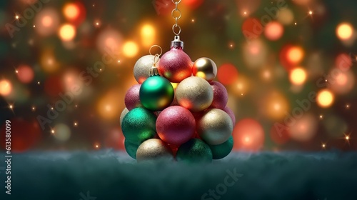 Christmas Tree  Red and Green Ornaments against a Defocused Lights Background  Generative AI