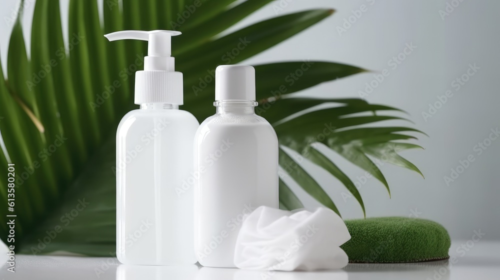 White cosmetic bottles with spa element and towel with palm leaf on white background. Generative AI
