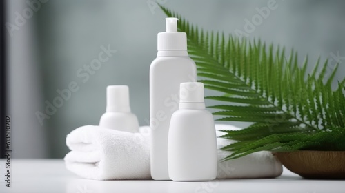 White cosmetic bottles with spa element and towel with palm leaf on white background. Generative AI © piai