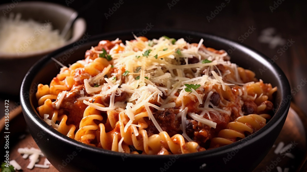 A bowl of steaming hot pasta, coated in a rich and flavorful sauce, garnished with grated cheese