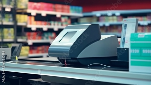 a bar code scanner at a self-checkout in a contemporary supermarket. Automated machines replacing cashiers is a job-loss concept.The Generative AI