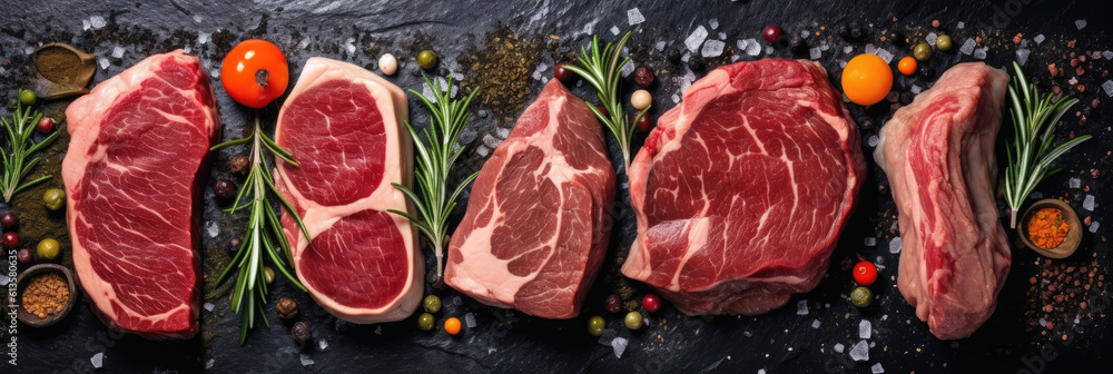 Steak menu. Juicy grilled steaks on a black stone background: t-bone, striploin, Rib eye, new york steak. Top view. Rustic style. Steak menu. Juicy grilled steaks on a black stone background: t-bone, striploin, Rib eye, new york steak. Top view. Rustic style.