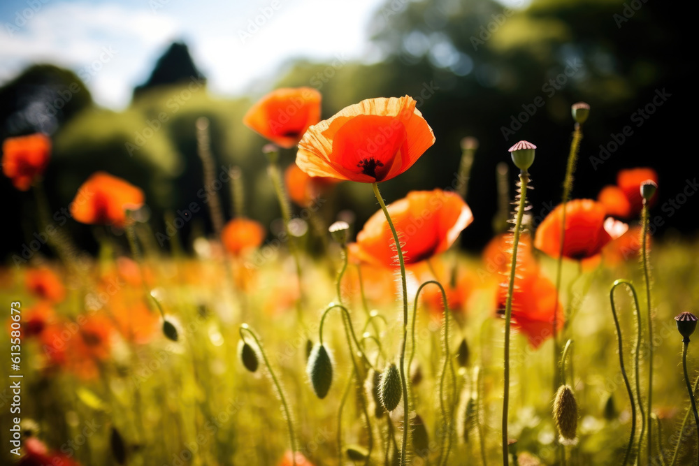 Obraz premium field of red poppies in the sunset light. AI Generative