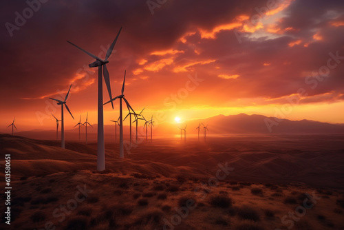 Wind turbine farm at sunset. Renewable eco energy concept. High quality photo