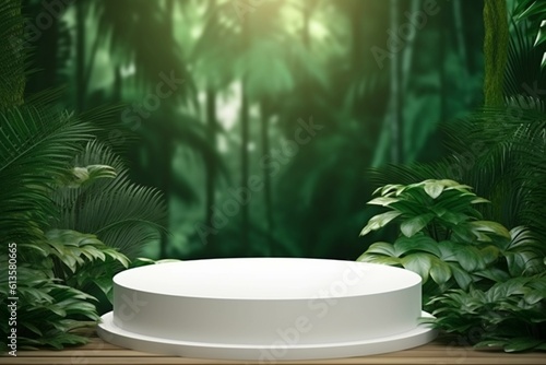 3d render, abstract minimal scene with green palm leaves and round podium.