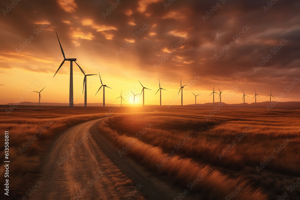 Obraz premium Wind turbine farm at sunset. Renewable eco energy concept. High quality photo