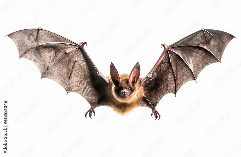 Bat in flight isolated on white background closeup.