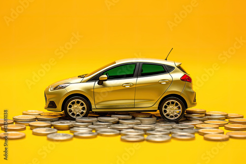 Model toy car with coin money. Concept of car insurance buying and selling vehicles. Generative ai Generative AI