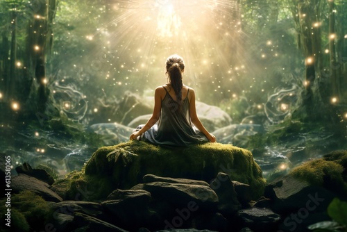 Woman in the state of meditation in magic heavenly forest with lush vegetation and trees and light rays Generative AI
