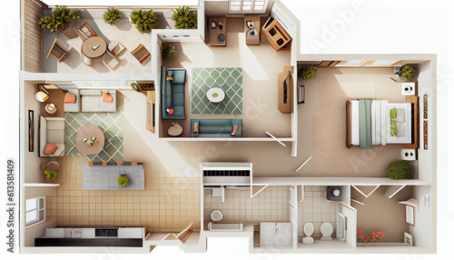Detailed illustration of a furnished lived-in single family home floor plan from above isolated on a white background Ai generated image