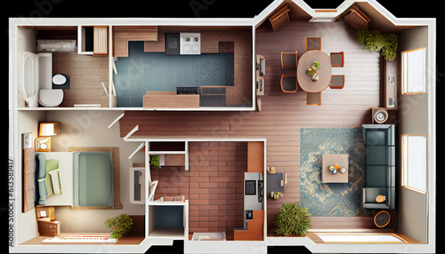 Detailed illustration of a furnished lived-in single family home floor plan from above isolated on a white background Ai generated image