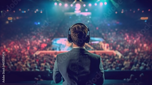 Back view of a motivational speaker performing on stage while wearing a headset. The Generative AI